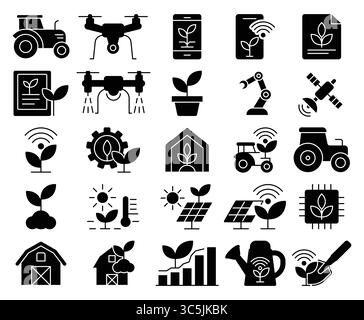 A collection of icons representing agricultural technology, showcasing innovations like drones, sensors, and sustainable farming practices for modern Stock Vector