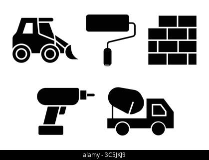 This image features construction tools and equipment icons, including an excavator, roller, drill, and cement mixer. Perfect for building and renovati Stock Vector