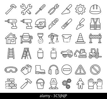 A collection of construction-related icons in modern outline style, featuring tools, equipment, safety gear, and building symbols ideal for design pro Stock Vector