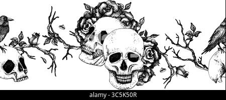 Gothic seamless banner border with skulls, crow, roses and branches. Graphic vector illustration for Halloween or Day of the Dead with white Stock Vector