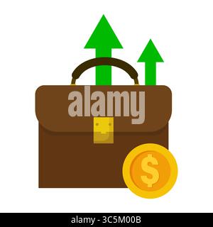 Briefcase with Coin and Growth Arrows. A brown briefcase with a golden coin, accompanied by green upward arrows, symbolizing business growth. Stock Vector