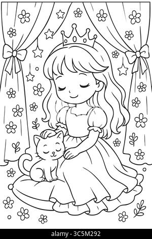 Black outline coloring page of princess with cat for children, isolated on white background. concept of cute characters, kids, fairy tale, drawing act Stock Vector