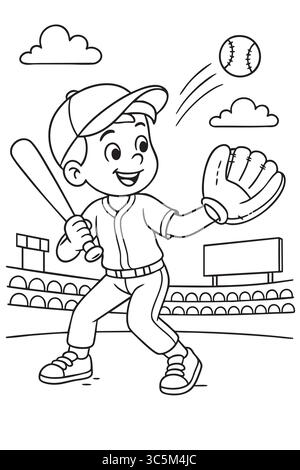 Coloring page for children featuring black outline of boy playing baseball with bat and glove, isolated on white background. concept of sports, active Stock Vector