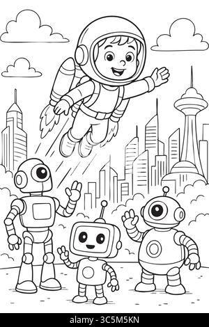 Boy flying with jetpack above city and waving to friendly robots coloring page isolated on white background. science fiction, space adventure, kids ac Stock Vector