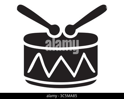 Black silhouette of toy drum with drumsticks isolated on white background. concept of percussion, music, musical instrument icon, graphic illustration Stock Vector
