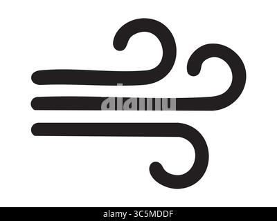 Black silhouette of weather icon depicting wind, isolated on white background, graphic illustration. concept of weather symbol, nature icon, climate, Stock Vector