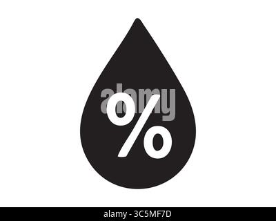 Black silhouette of humidity icon with percentage symbol inside water drop isolated on white background. Concept of weather forecast, air moisture, cl Stock Vector