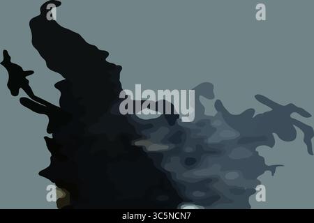 A striking moody landscape featuring a dark cliff with a natural eye-shaped arch, set against a misty grey-blue background. The composition balances i Stock Vector