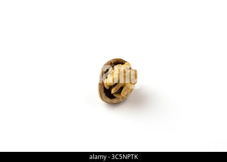 Whole walnut kernel with shell on a white background. Stock Photo