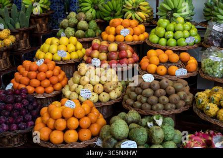 Fresh fruits and vegetables at the famous market - Mercado dos Lavradores, in Funchal, Madeira. Stock Photo