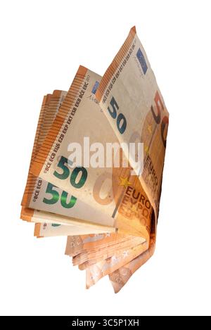 Folded 50 euro banknotes that can be leafed through isolated on white with clipping path included Stock Photo