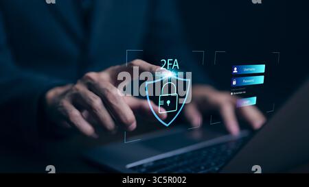 Privacy protect data and cybersecurity concepts. The two-factor authentication laptop computer screen displays 2FA. Data protection with 2FA increases Stock Photo