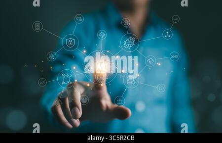 AI tech concept. Businessman touching chip CPU working of AI and artificial intelligence automation. Computer connection with information intelligent Stock Photo