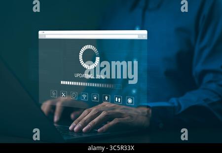 Update software application and hardware upgrade technology concept. User is using laptop software update or operating system upgrade, updating progre Stock Photo