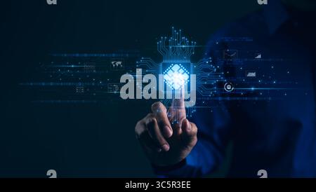 Businessman touching central processing unit CPU chip with electronic circuit board. AI artificial intelligence, Tech for Business, Stock Photo