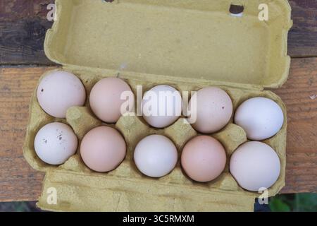 Ten Organic Eggs in a Recycled Carton on Wooden Table - Farm Fresh Top View. Stock Photo