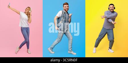 Three individuals express joy and energy in a vibrant collage Stock Photo