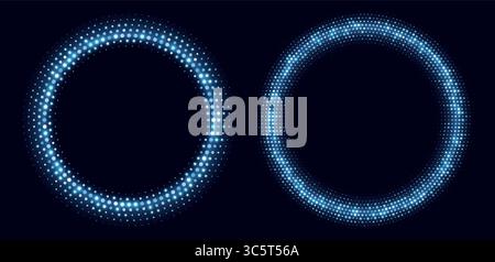 Blue halftone frames, glowing circle borders, round pattern with dots, radial disco luxury design element. Stock Vector