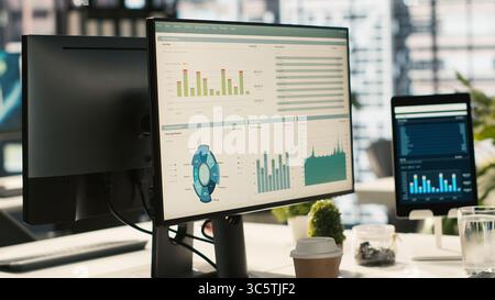 Financial charts and KPI metrics on displays in office, panning shot. Vibrant and collaborative modern workspace with computer screens displaying data analytics, close up shot Stock Photo