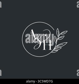 Wedding monogram initial AH design in an elegant and minimal style with circular lines and leafy branches vector graphic Stock Vector