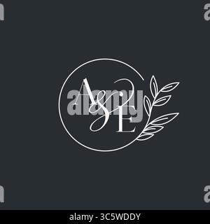 Wedding monogram initial AE design in an elegant and minimal style with circular lines and leafy branches vector graphic Stock Vector