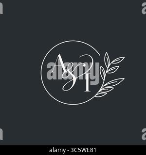 Wedding monogram initial AI design in an elegant and minimal style with circular lines and leafy branches vector graphic Stock Vector