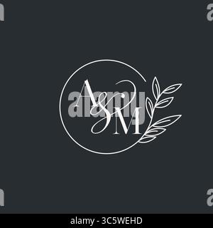 Wedding monogram initial AM design in an elegant and minimal style with circular lines and leafy branches vector graphic Stock Vector