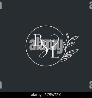 Wedding monogram initial BL design in an elegant and minimal style with circular lines and leafy branches vector graphic Stock Vector