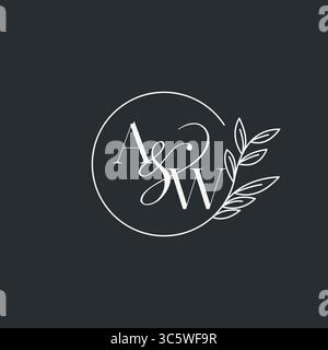 Wedding monogram initial AW design in an elegant and minimal style with circular lines and leafy branches vector graphic Stock Vector