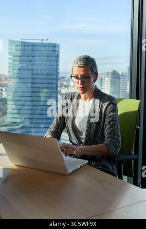 Professional businesswoman working in a modern office, using a laptop ...