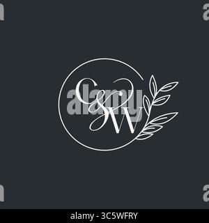 Wedding monogram initial CW design in an elegant and minimal style with circular lines and leafy branches vector graphic Stock Vector