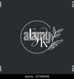 Wedding monogram initial FK design in an elegant and minimal style with circular lines and leafy branches vector graphic Stock Vector