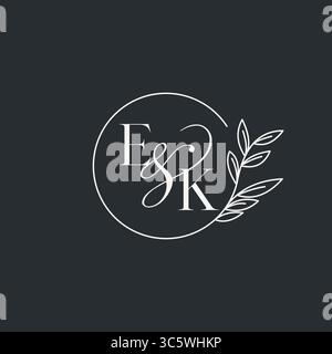 Wedding monogram initial EK design in an elegant and minimal style with circular lines and leafy branches vector graphic Stock Vector