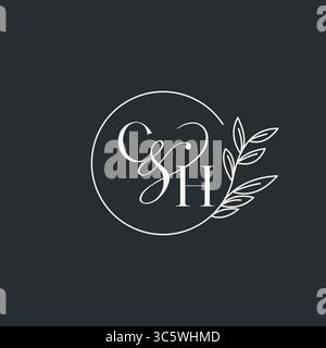 Wedding monogram initial CH design in an elegant and minimal style with circular lines and leafy branches vector graphic Stock Vector