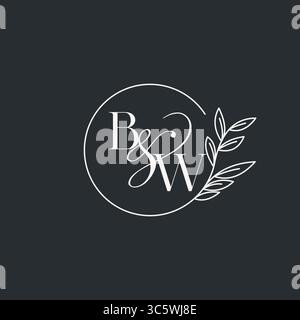 Wedding monogram initial BW design in an elegant and minimal style with circular lines and leafy branches vector graphic Stock Vector