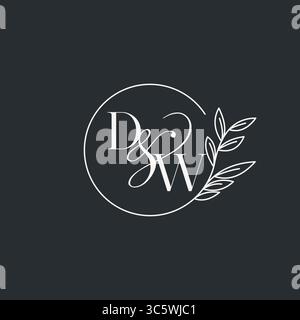 Wedding monogram initial DW design in an elegant and minimal style with circular lines and leafy branches vector graphic Stock Vector