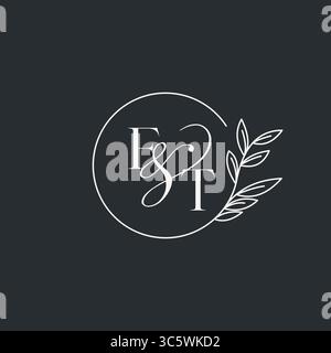 Wedding monogram initial FT design in an elegant and minimal style with circular lines and leafy branches vector graphic Stock Vector