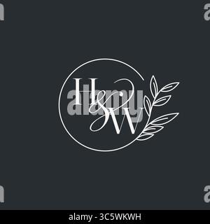 Wedding monogram initial HW design in an elegant and minimal style with circular lines and leafy branches vector graphic Stock Vector