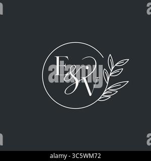 Wedding monogram initial EV design in an elegant and minimal style with circular lines and leafy branches vector graphic Stock Vector