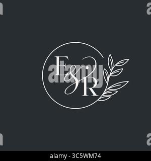 Wedding monogram initial ER design in an elegant and minimal style with circular lines and leafy branches vector graphic Stock Vector