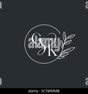 Wedding monogram initial GK design in an elegant and minimal style with circular lines and leafy branches vector graphic Stock Vector