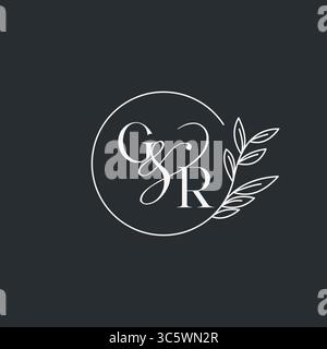 Wedding monogram initial GR design in an elegant and minimal style with circular lines and leafy branches vector graphic Stock Vector