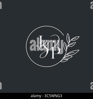 Wedding monogram initial JP design in an elegant and minimal style with circular lines and leafy branches vector graphic Stock Vector