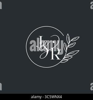 Wedding monogram initial JR design in an elegant and minimal style with circular lines and leafy branches vector graphic Stock Vector