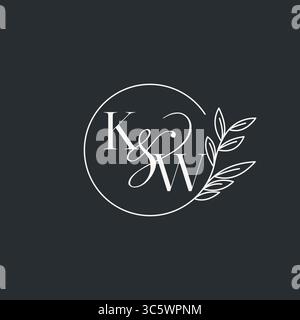 Wedding monogram initial KW design in an elegant and minimal style with circular lines and leafy branches vector graphic Stock Vector