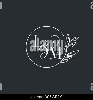 Wedding monogram initial LM design in an elegant and minimal style with circular lines and leafy branches vector graphic Stock Vector