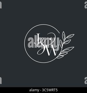Wedding monogram initial JW design in an elegant and minimal style with circular lines and leafy branches vector graphic Stock Vector
