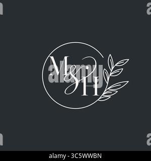 Wedding monogram initial MH design in an elegant and minimal style with circular lines and leafy branches vector graphic Stock Vector