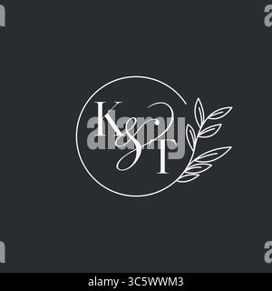 Wedding monogram initial KT design in an elegant and minimal style with circular lines and leafy branches vector graphic Stock Vector