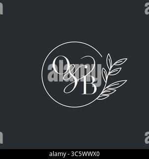 Wedding monogram initial OB design in an elegant and minimal style with circular lines and leafy branches vector graphic Stock Vector